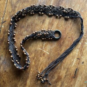 Boho Macrame Belt Wood Bead Tassel Tie Belt Adjustable Brown Bohemian Festival